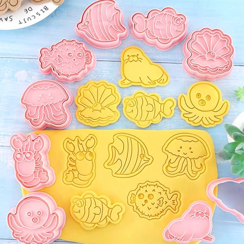 8 Mini Ocean Animal Cookie Cutters Set, 3D Raised Design Animal Embossing Stamps, Sea Lions, Jellyfish, Lobsters, Agouti, Octopus, Clown Fish, Pearl Clams Baking Molds(Ocean-2) - color: Ocean-2