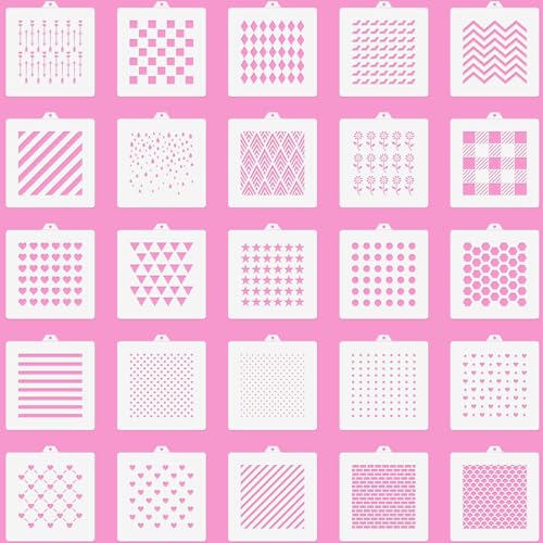 25 PCS Cookie Stencils Set, Reusable Baking Stencils with Checkered Heart Polka Dot Honeycomb Line Brick Star Patterns for Royal Icing Cake Decorating DIY Airbrush Templates for Cookies Coffee - style: Style 2