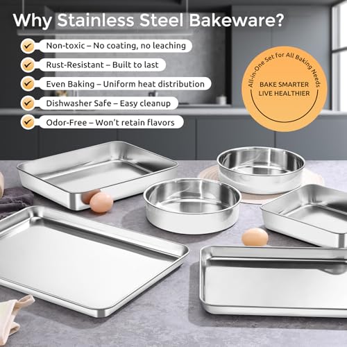 E-far Stainless Steel Baking Pan Set, 6-Piece Metal Bakeware Sets Include Cookie Sheet, Round Square Rectangle Cake Pans, Non-toxic & Dishwasher Safe - size: 6-Piece Set