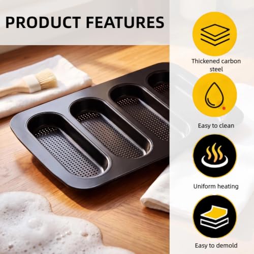 2 Pack Perforated Carbon Steel Hot Dog Bun Pan Nonstick Mini Baguette Baking Tray Black
