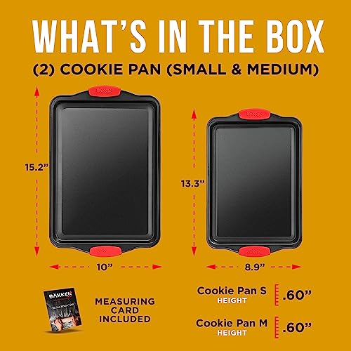 2 Piece Set Nonstick Carbon Steel Oven Bakeware -Professional Quality Kitchen Cooking Baking Trays -PFOA, PFOS, PTFE-Free Medium & Large Baking Sheet Pans with Red Silicone Handles - color: Black, size: Medium & Large