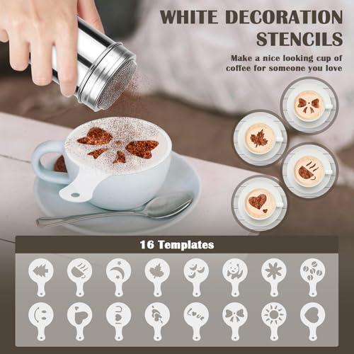Powdered Sugar Shaker Duster,Cinnamon Shaker Flour Sifter,7oz 304 Stainless Steel Fine Mesh Shakers With Lid,16 Pieces Coffee Stencils Latte Art for Baking Soda Cocoa Cornstarch Cinnamon Coffee Flour