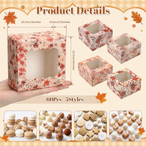 Eaasty 60 Packs Fall Floral Cookie Boxes with Window 4x4x2.5 Inches - style: Fall Floral