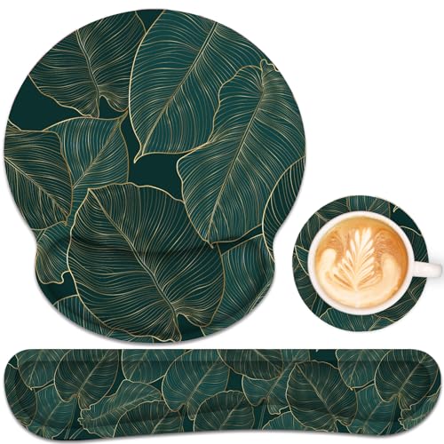 Ergonomic Mouse Pad with Wrist Rest and Keyboard Wrist Rest, Mousepad - color: Green Palm Leaf