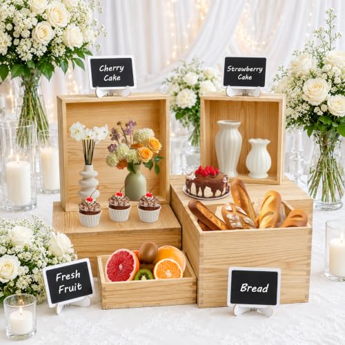 6 Pack Wooden Buffet Risers Cupcake Stand Buffet Display with Mini Signs - color: Beige, size: 6 Pcs
