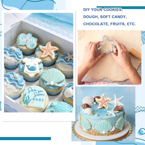 JarThenaAMCS 7Pcs Sea You Soon Baby Shower Cookie Cutters Set Under the Sea Starfish Seashell Onesie Biscuit Cutter Stainless Steel Cookie Cutting Molds for Ocean Birthday Gender Reveal