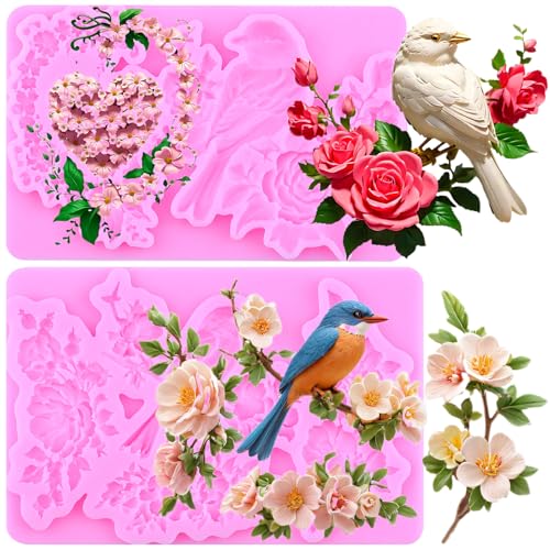 Bird Flower Silicone Mold Flower Branch Fondant Molds Set Of 2 - color: Style H