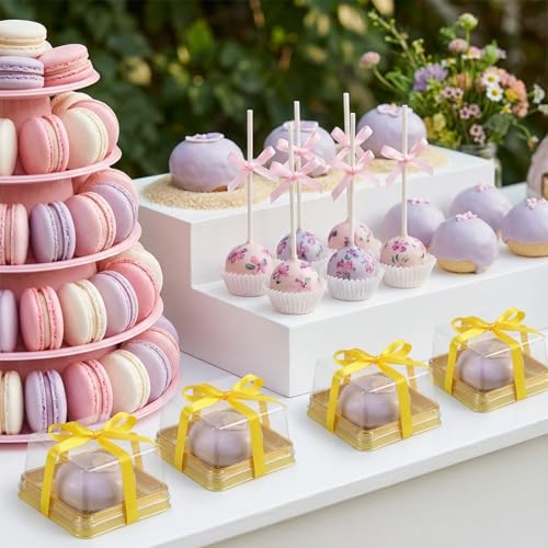 200 Set 3" Mini Cupcake Containers, Clear Plastic Square Containers with Lids Small Cupcake Boxes Muffin Pod Dome Muffin Single Individual Packing Box for Wedding Birthday Party(Gold)