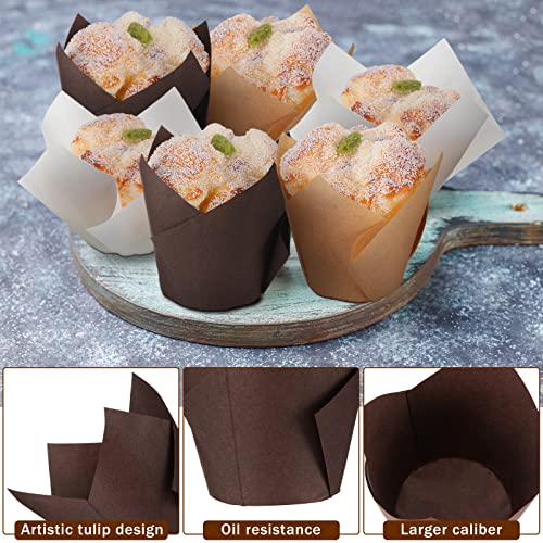 Yaomiao 600 Pcs Tulip Cupcake Liners Greaseproof Paper Tulip Muffin Liners Baking Cups Cupcake Wrappers Holders for Weddings Birthdays Anniversaries Banquets Party Christmas(Brown, Natural, White) - color: Brown,White
