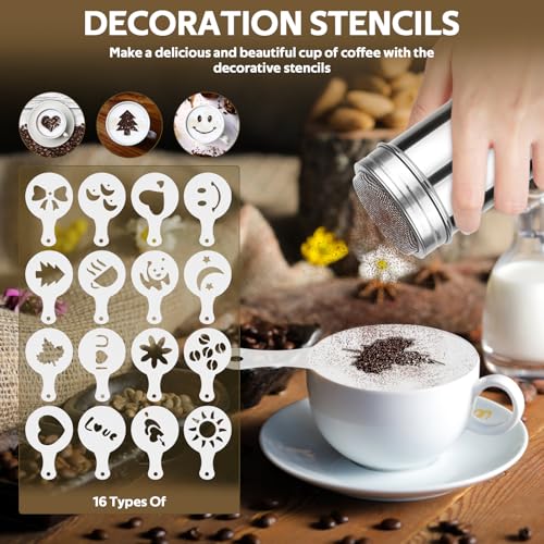 2 Pack Powdered Sugar Shaker Duster, Stainless Steel Cinnamon Sugar Shaker & Flour Duster Set, Spring Flour Sifter with 16Pcs Coffee Stencils for Baking, Coffee
