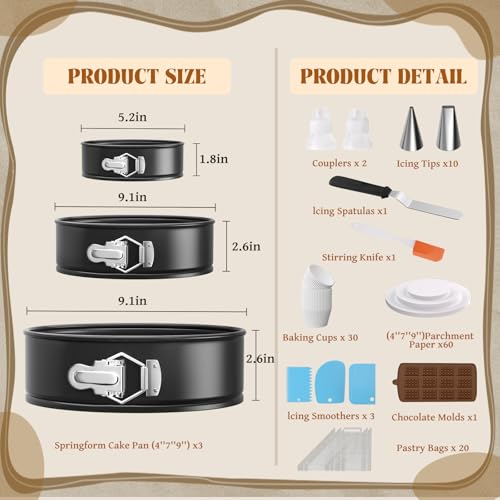 131Pcs Springform Pan Cake Pan Sets for Baking Non-Stick Cake Decorating Kit (4, 7, 9 Inch), Piping Bags and Tips Cheesecake Bakeware Baking Tools Parchment Paper & Manual