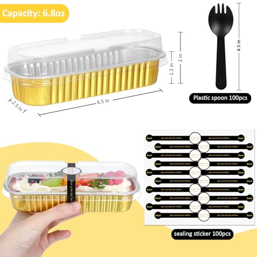 Mini Loaf Pans with Lids and Spoons (100 Pack, Gold, 6.8oz) Rectangular Aluminum Foil Baking Pans - color: Gold