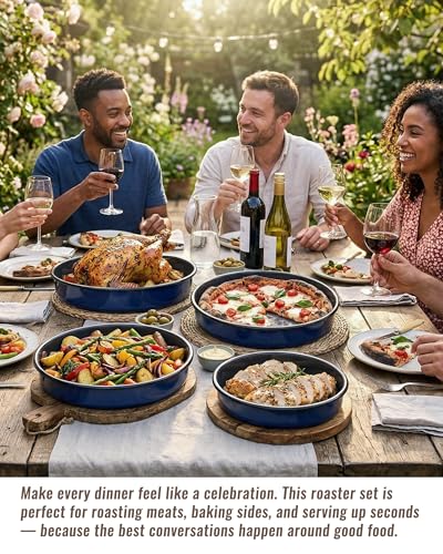 Round Turkey Roasting Pans Set of 4, Enamel Cake Baking Pan for Oven - color: Navy Blue