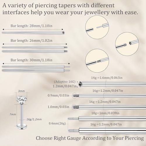 Piercing Taper Ball Grabber Tool Stainless Steel Nose Ear Piercing Kits - style: 16G Piercing Tapers + Ball Grabber Tool
