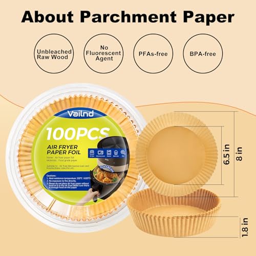 Vailnd 100Pcs 6.5 Inch Round Air Fryer Liners Disposable for 3-5QT - size: 6.5"Round