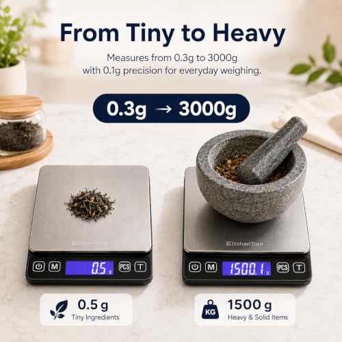 KitchenTour Digital Kitchen Gram Scale - 3000g/0.1g - High Accuracy Precision Food Scale with 9 Units(g/oz/ml/lb/lb:oz/gn/ozt/DWT/ct) - Meat Scale with Back-Lit LCD Display(Batteries Included) - size: 3000g/0.1g (Pack of 1)