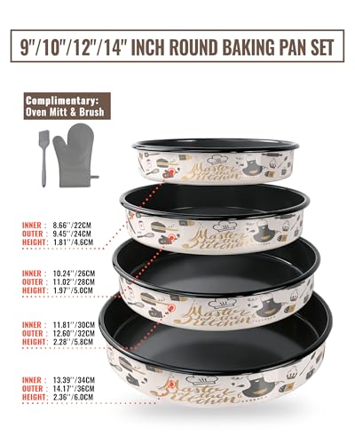 Round Turkey Roasting Pans Set of 4, Enamel Cake Baking Pan for Oven - color: Creamy White Printed Pattern