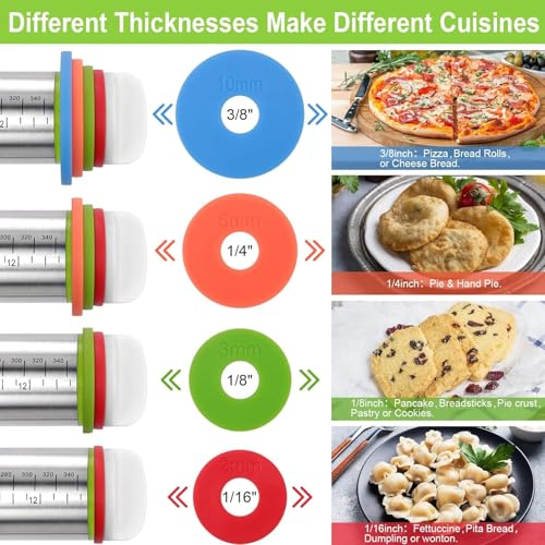 Rolling Pin and Pastry Baking Mat Set, 17-inch Rolling Pins with Adjustable Thickness Rings, Stainless Steel Dough Roller for Baking Fondant, Pizza, Pie, Pastry, Pasta, Cookies (black) - color: Black