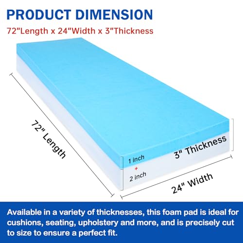 3"x24"x72" Upholstery Foam High Density Gel Memory Foam Cushion - size: 72"X24"x3