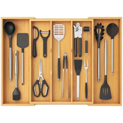 Lifewit Bamboo Kitchen Drawer Organizer, Cooking Utensil Silverware Tray - color: Natural, size: 5 Slot(15.6~28''W x 18.5'' D)