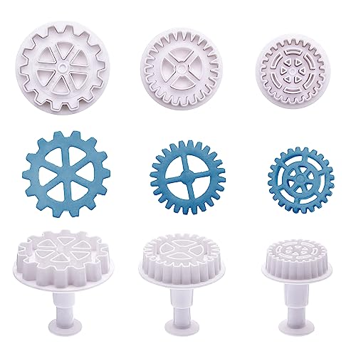 3Pcs Gear Cookie Cutters, Steampunk Cogs Plunger Mold, 3D Gear Cookie Stamp Mold, Clock Wheel Biscuits Fondant Molds for Cake Cookie food Decoration
