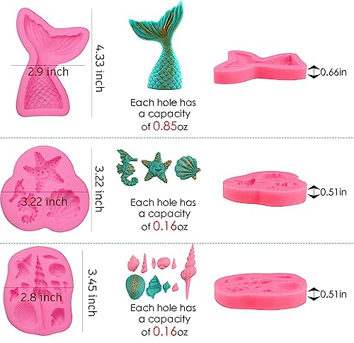 SAKOLLA Mermaid Theme Silicone Fondant Mold - Mermaid Tail Seashell Starfish Hippocampus Conch Silicone Mold for Under The Sea Cake Decoration, Gum Paste, Polymer Clay, Cupcake Decor, Sugar Craft - color: Mermaid Theme 3 Pcs/Red