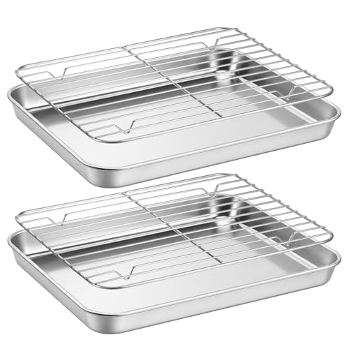 Baking Sheet with Wire Rack (2 Pans + 2 Racks), Stainless Steel Cookie Sheet with Cooling Racks, Stainless Steel Cookie Sheets Pan and CoolingRack for Baking Cookies Jelly Rolls