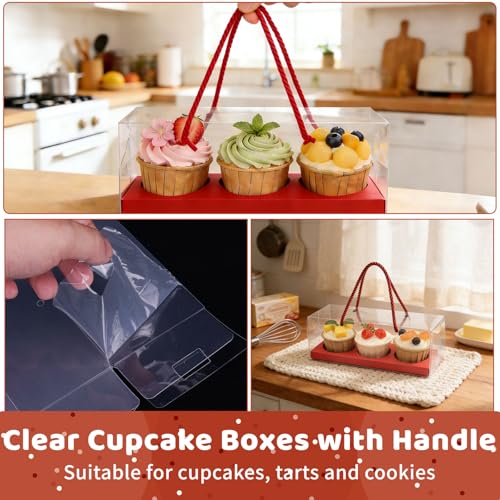 20pcs Clear Cupcake Boxes with Handle Women's Day Cupcake Container Transparent Bakery Cake Boxes Plastic Cake Carrier Baked Dessert Box for Wedding Party Favor (red) - color: Red