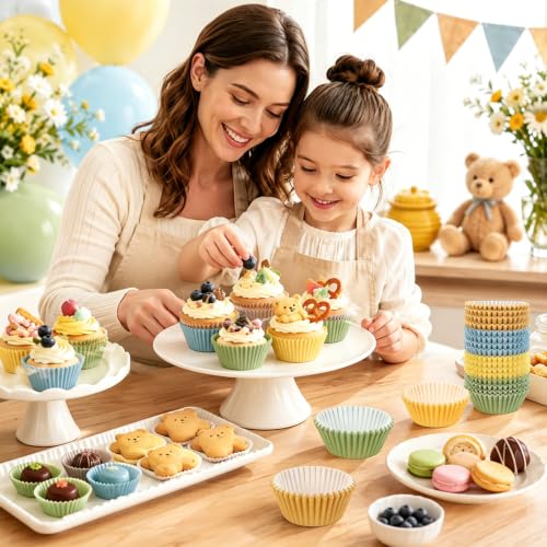 FYSUIMU 400 Pcs Blue Yellow Cupcake Liners Bear Inspired Paper Baking Cups Blue Yellow Sage Green Muffin Liner Cake Storage Container for Baby Shower Birthday Party Supplies - color: Blue Yellow Green