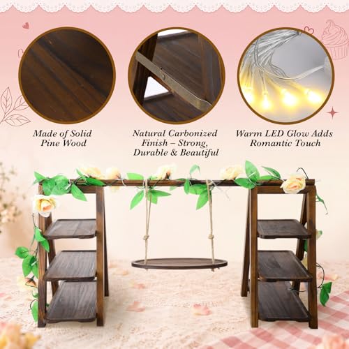 Rustic Wooden Cupcake Stand with LED String Lights, 3 Tier Dessert Display Ladder with Swinging Tray, Solid Pine Serving Trays with Flower Vine for Wedding, Party, Birthday Event Table Decor