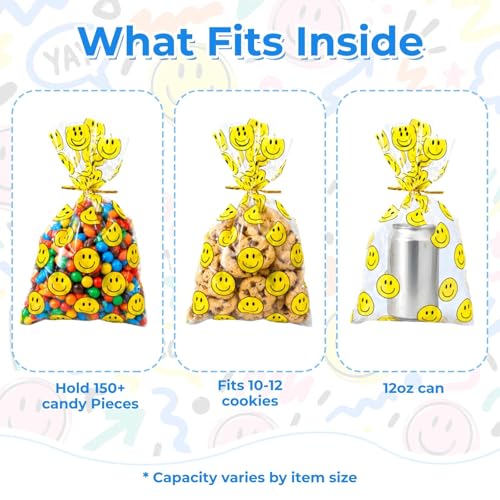 Happy Face Cellophane Bags 100 Pack, Goody Bags with Ties, Treat Gift Bags - color: 100pcs yellow red bags