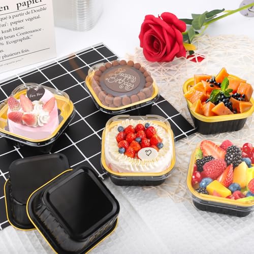 60Pack 5oz Black&Gold Mini Cake Pans with Lids Baking Cups Aluminum Foil Pans Tins, Individual Dessert Cups Containers for Sales,Party,Picnics - color: Black&Gold
