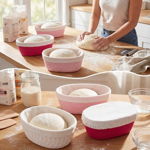 4 Pcs 10 Inch Tones Cotton Rope Banneton Bread Proofing Basket Set Oval Banneton Basket Sourdough Bread with Liners Covers for Baking Supplies (Pink) - color: Pink Tones, size: 10 Inch