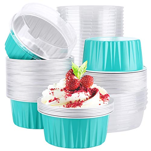 EUSOAR Aluminum Foil Cups, 5oz 50pcs Baking Cups with Lids, 3.34"x2.59"x2.35" 125ml Snacks Desserts Flan, Economical Catering Gathering Club Shower Wedding Party Favor Baking Cups-Blue - color: Blue, size: 50pcs