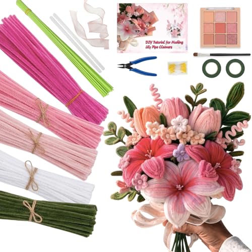 Eywwuu 540 Pcs Pipe Cleaner Flower Kit, DIY Flower Bouquet Making Kit with 5 Pastel Chenille Stem Colors, 30 Floral Stems, Tape, Stamen, Glue Sticks, Pliers and Brush for Rose Tulip Lily Crafts
