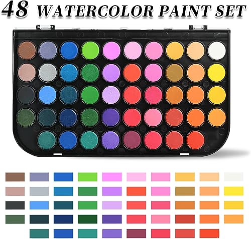 GETHPEN 48 Colors Watercolor Paint Set with 4 Brushes Pen, Travel Design - color: Black