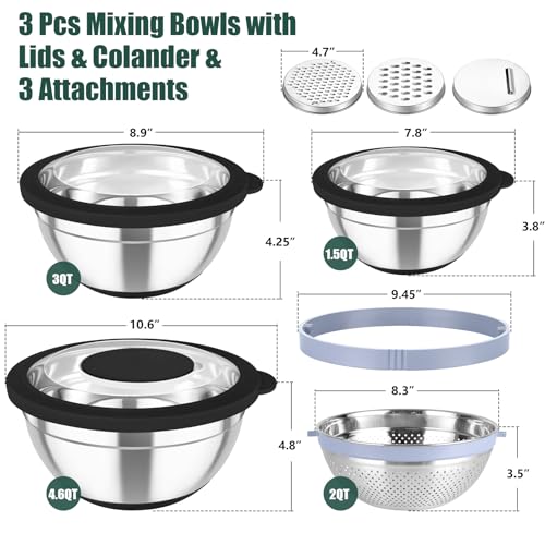TeamFar Mixing Bowls with Colander, Stainless Steel Salad Bowls, Black - color: Black
