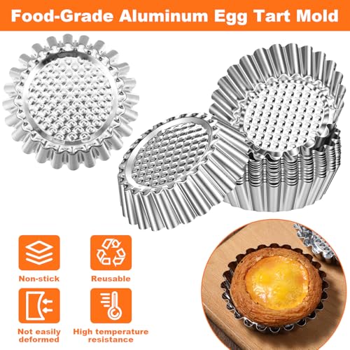 50 Pcs Egg Tart Mold for Baking, 3.8 Inch Stainless Steel Mini Tart Tin Pans Reusable Ensaymada Molder Filipino, Brioche Tins Mould for Tart Shells, Cupcakes, Mini Cake, Pudding, Muffin