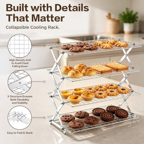 P&P CHEF 4 Tier Collapsible Cooling Racks,Stackable Bakers Rack,Silver - color: Silver
