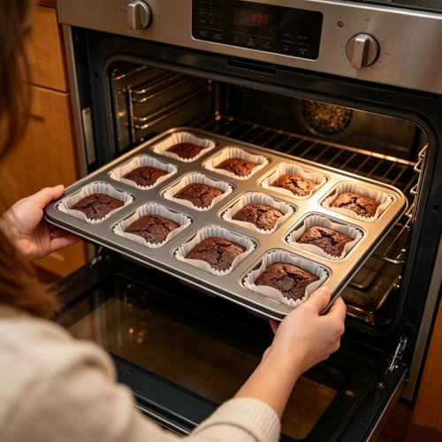 12 Cavity Brownie Pan with Dividers, Non Stick Square Carbon Steel Muffin Baking Bakeware with 300 PCS Parchment Liners, Dark Gray - size: 13.7x10.04x1inch