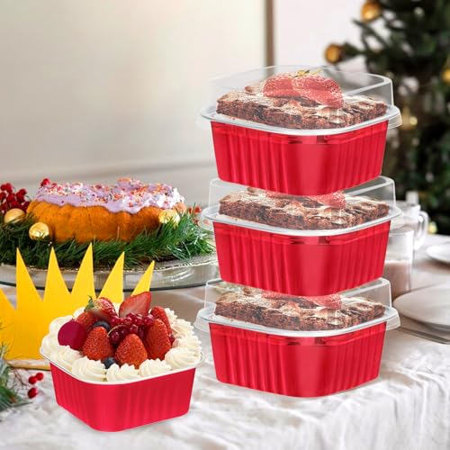 100Pack 5oz Christmas Mini Cake Pans with Lids Baking Cups Aluminum Foil Pans Tins, Individual Dessert Cups Containers for Sales,Party,Picnics Red - color: Red