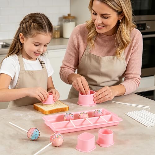 Round Cake Pop Mold Set 3 PCS Cake Pop Cutter with 9 Inch Tray Includes 100 Lollipop Sticks 100 Bags and 100 Ribbons for Making Home Desserts Birthday Parties Desserts
