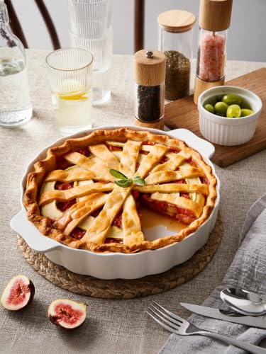 Samsle Ceramic Pie Pan, 13 Inch Round Baking Dish with Handles, White