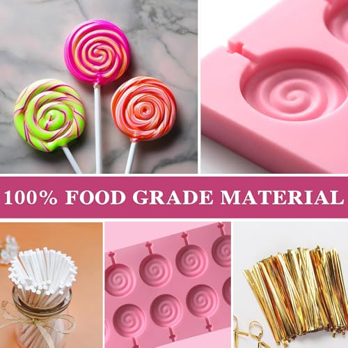12 Capacity Silicone Lollipop Molds,Hard Candy Chocolate Sucker Mold with 2pcs 3.15 inch Lollypop Sucker Sticks,Candy Treat Bags,Gold Ties - color: 2PCS
