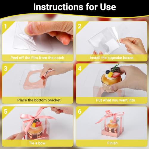 EUSOAR Clear Cupcake Boxes with Cupcake Liners, 50pcs 3.5 Inch Cupcakes Holder and 50pcs 3.5oz Baking Cup, Single Dessert Pastry Box Cupcakes Containers Disposable for Wedding Party Favor Bakery - color: Rose Gold