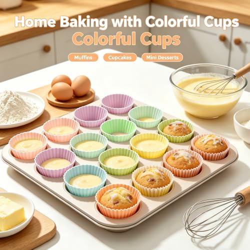 12 Pack Silicone Baking Cups, 6 Colors Silicone Muffin Liners Reusable - color: Macaron