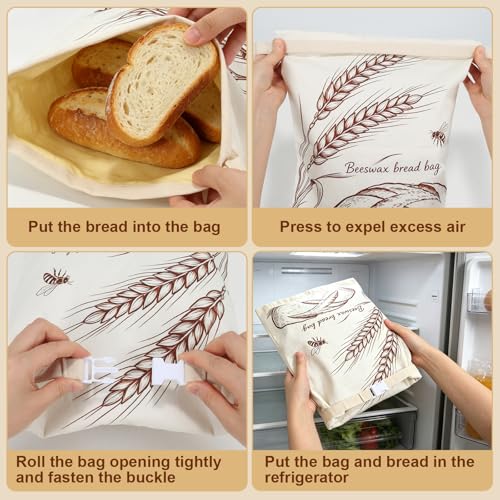 Beeswax Bread Bag 2 Pack, Reusable Sourdough Bread Bags for Homemade Bread - color: Fold Buckle-Farmhouse