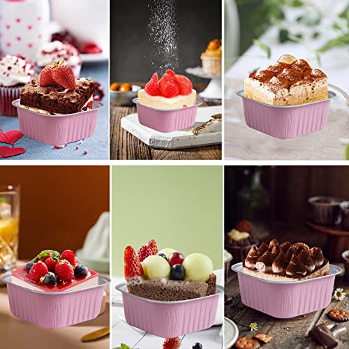 50 Pcs Mini Square Baking Cups with Lids,5oz Aluminum Foil Mini Cake Pans with Lids,Disposable Ramekins Cake Pans,150ml Dessert Cups Cupcake Pans for Wedding Birthday Party,Pink - color: Pink, size: 5oz