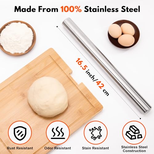 100% Stainless Steel Rolling Pins for Baking 16.5" Large Dough Roller Pin
