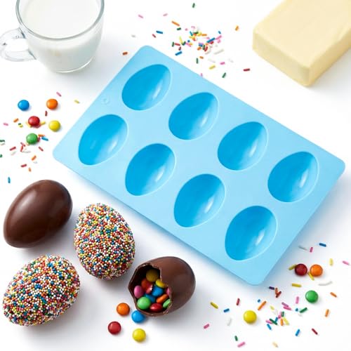 1 Pack Silicone Egg Molds 8 Cavity Easter Silicone Candy Mold 3D Egg-Shaped Silicone Baking Mold for Chocolate, Jello, Mini Cakes, DIY Desserts, Candy, Ice, Pudding, Baking (1, Blue) - color: Blue